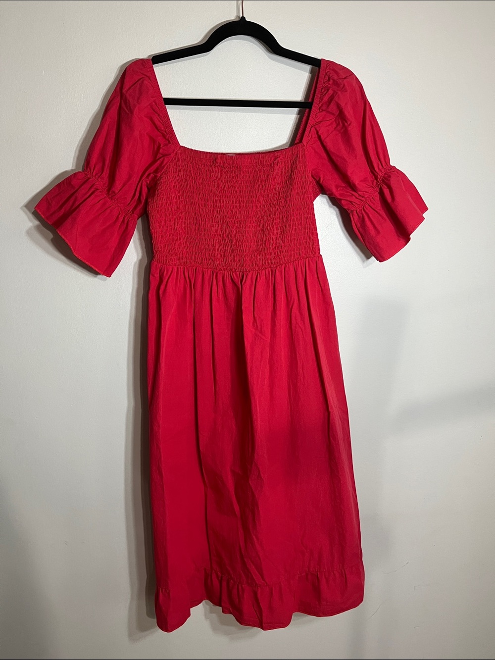 100% Cotton Red Smocked Square-Neck Midi Dress with Puff Sleeves